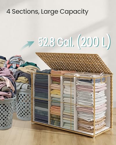 Laundry Hamper with Lid 200L 4-Section Wicker Basket + Mesh Bags - Natural