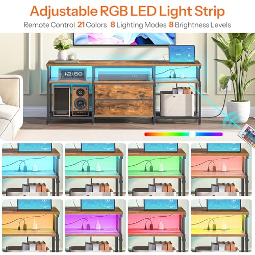 HOOBRO 55.1 Inch Rustic Brown Black TV Stand with Power Outlet and LED Light - Fits 65 Inch TVs