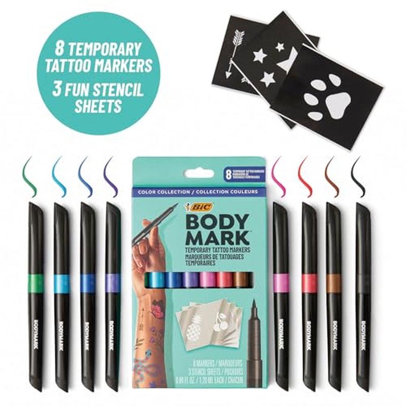 BIC BodyMark Temporary Tattoo Marker with Cosmetic Quality and Skin Safety, 8-Count in Assorted Colors