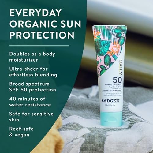 Badger SPF 50 Daily Mineral Sunscreen with Zinc Oxide, 85% Organic, Lightweight & Easy to Apply, No White Cast, Moisturizing, Reef Safe, Vegan, Unscented, 4 fl oz, 2 Pack