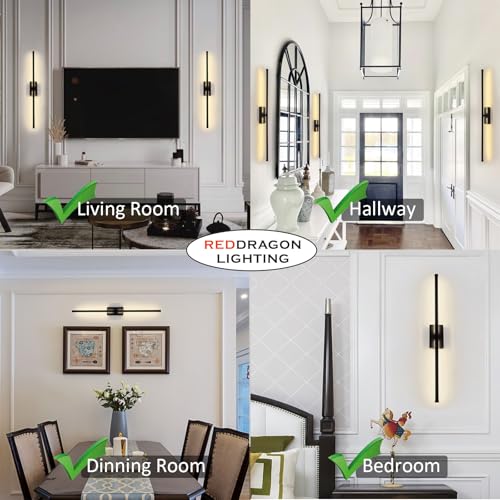 Black 28 Inch Set of 2 Battery-Operated Wall Sconces - Wireless, Dimmable, Magnetic Mount