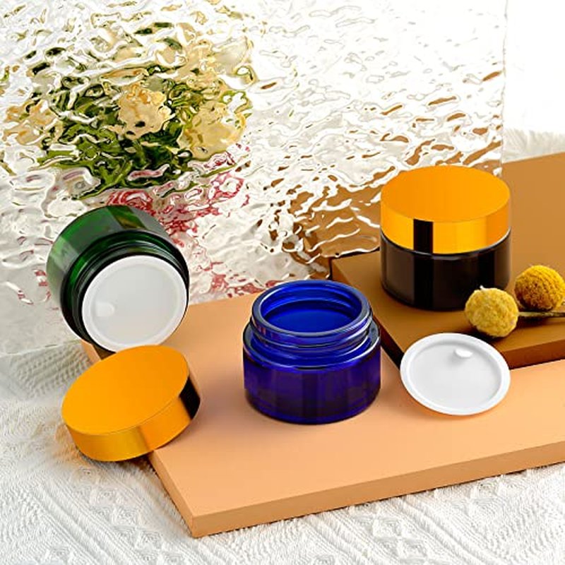 1 Oz Green Round Glass Jars with Inner Liners and Gold Lids(24PCS) Empty Cream Containers Refillable Cosmetic Vials for Cosmetics, Lotions, Ointment, Body Scrubs & Balms
