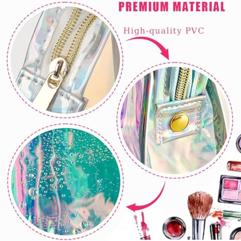 4 Pcs Holographic Makeup Bags Bulk, Small Iridescent Pouch Portable Toiletry Cosmetic Bag with Zipper, Travel Makeup Brush Holder Organizer Bag case (Blue)