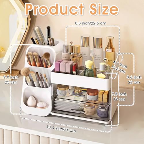 Makeup Organizer with Brush Holder for Vanity, Countertop Organizer with Drawers, Skincare Cosmetic Display Case for Beauty Essentials, Women Bathroom Make up Storage Solution for Dresser Counter