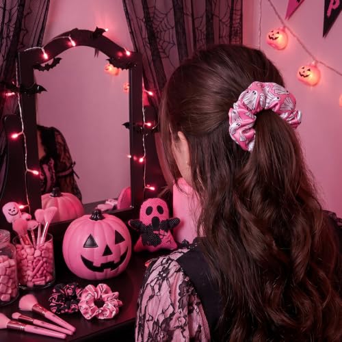 Halloween Satin Hair Scrunchies - Ghost & Pumpkin Elastic Ties - 80 Pack - Pink & Spooky Styles