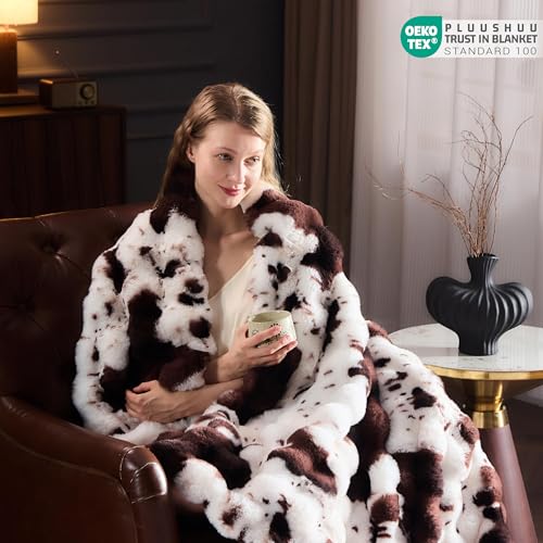 PLUUSHUU Cow Print Brown Faux Fur Throw Blanket 108x90 Inch for Couch & Bedroom