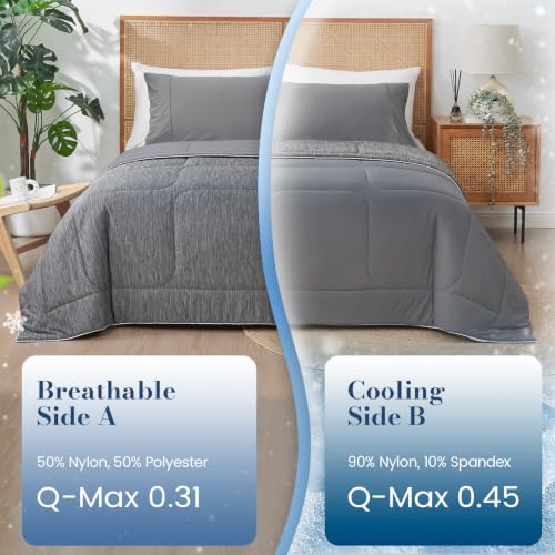 Amélie Home Queen Cooling Comforter - Heather Charcoal Grey, Instant Cooling, Reversible Bed Blanket for Hot Sleepers