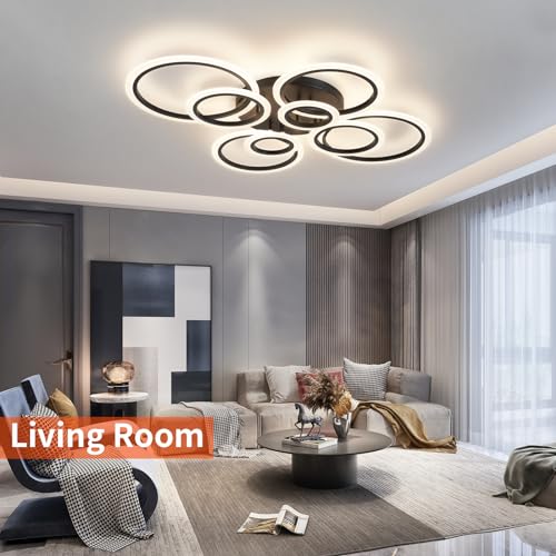 Modern Black Ceiling Light with 8 Rings - Dimmable LED Flush Mount Fixture with Remote