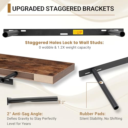 Vivelove Rustic Brown 36 Inch Floating Shelves Set of 2 - Deep 12" Wall Storage