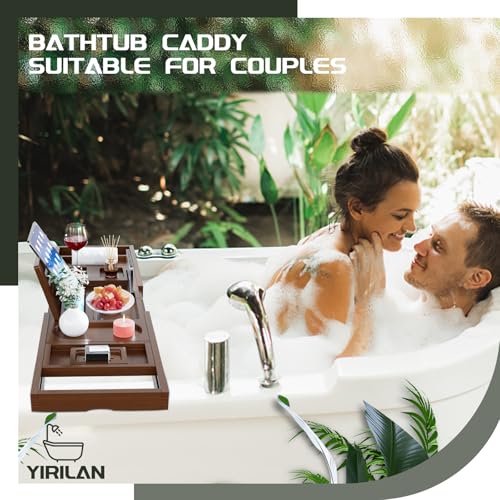 Foldable Bamboo Bathtub Caddy Tray - Adjustable Bath Tray for Tub - Brown - Yirilan