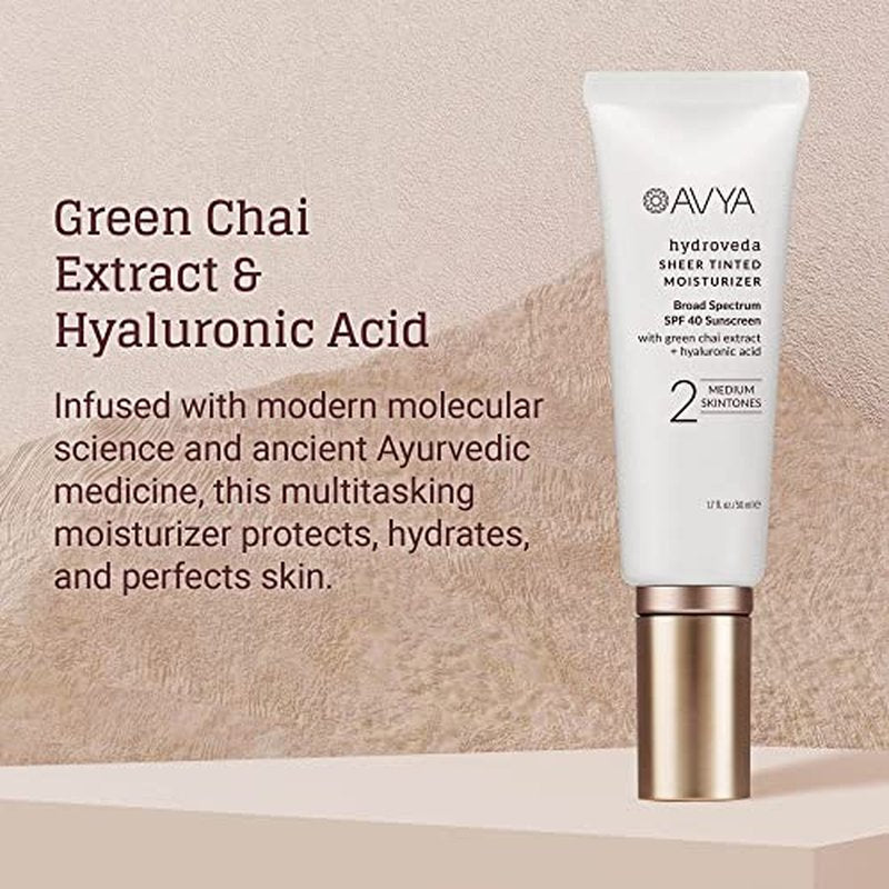 AVYA SPF 40 Sheer Tinted Moisturizer with Hyaluronic Acid & Green Chai ? Advanced Ayurvedic Skincare Treatment for Balanced and Brighter Skin/Medium Skintones Shade #2 (1.7oz/50ml)