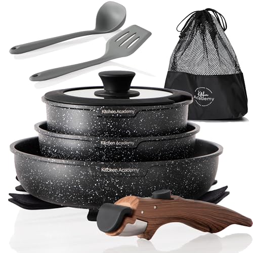 Black Removable Handle Induction Pots and Pans Set - 10 Piece Non-Stick Cookware for RV & Camping