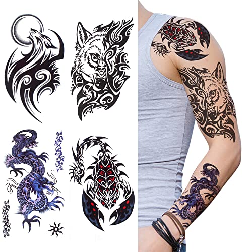 glaryyears 18 Sheets Dragon Black Temporary Tattoos for Men Teens, Animal Scorpions Wolf Owl Dark Tribal Tiger Cross, on Arm Shoulder Hand Leg Back Body Art 4.7''x7.5''