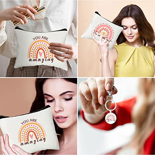 Chunful 36 Pcs Rainbow Canvas Makeup Bags Inspirational Gifts Bulk Keychains and Pastel Pens Motivational Cosmetic Bag for Women Appreciation Gifts Birthday Party Favors