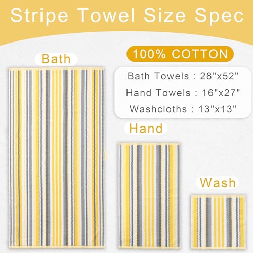 Yellow Gray Cotton Washcloths 6 Pack - 13x13 Inches, Quick Dry, Striped
