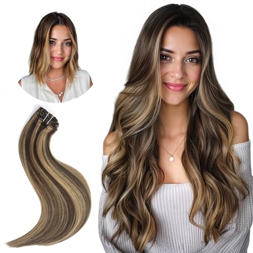Hyssiet 12 Inch Clip-In Human Hair Extensions #4P27, 55g Thick Straight Chocolate Brown with Caramel Highlights