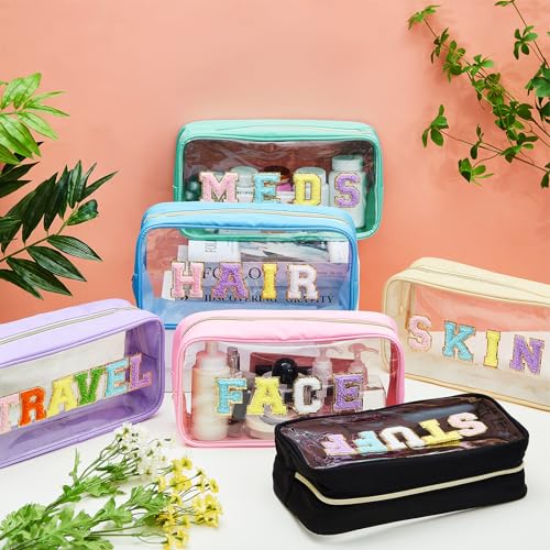 Clear Cosmetic Travel Bags with Chenille Letter Patches - 6 Pack