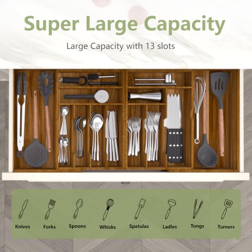 Extra Large Silverware Drawer Organizer - Expandable Acacia Wood, Brown / 22-37 Inches