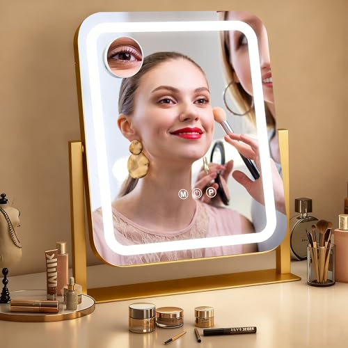 Gold Vanity Mirror with Lights 15"¡¿13", Led Makeup Mirror, Lighted Makeup Mirror with 3 Color Dimmable Lights, Smart Touch Screen Control, 360¡ÆRotation