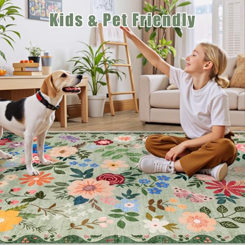 Green 8x10 Floral Area Rug - Washable Boho Living Room Carpet