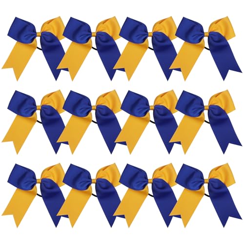 Cheer Bows 6 Inch 2 Color Ponytail Holders - Royal Blue & Gold, 16 Pcs