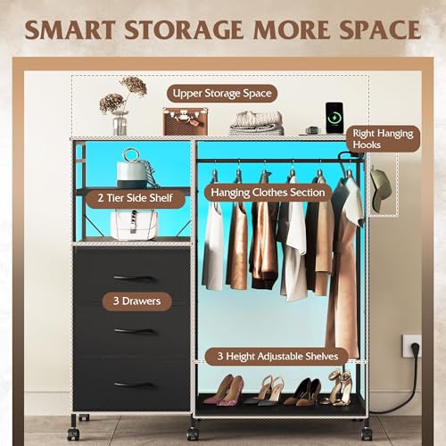 LED Dresser with 3 Drawers & Hanging Rack - Black - Multifunctional Bedroom Storage