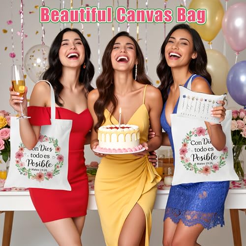 Y1tvei Spanish Christian Gifts For Women - 3Pcs Con Dios Todo Es Posible Spanish Bible Verse Canvas Tote Bag with Keychain Inspirational Christian Religious Makeup Bag Spiritual Catholic baptism Gifts