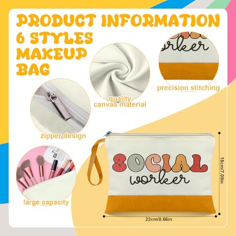 12 Pcs Social Worker Tote Bag Gift for Women Include 6 Cosmetic Bags 6 Canvas Bags Social Worker Appreciation Gifts Set for Women Retirement Volunteer Graduation Birthday Holiday Bag Gift Bulk