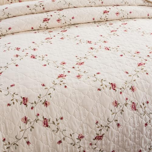 Pink Floral Embroidery Quilt Set with Leaves 3D Pattern - Queen Size Reversible Cotton Bedding