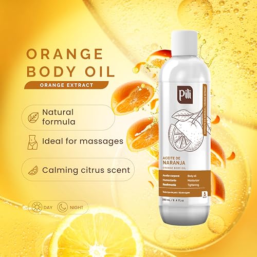 Pili Natural Orange Oil - Skin Tonic and Moisturizing Body Oil - Massage Oil. Prevents Cellulite, Stretch Marks, Firms & Tightens Skin. 8.4 fl oz.