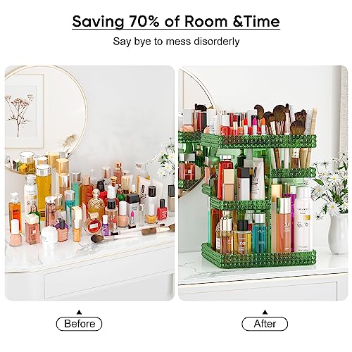 Famitree Green 360° Rotating Makeup Organizer with Adjustable Layers - Large Capacity Acrylic Storage Rack for Vanity and Bathroom