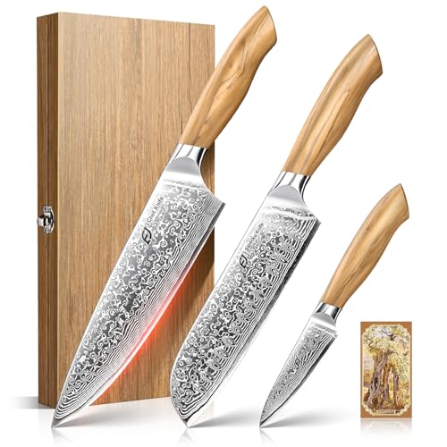 Emojoy 3-Piece Japanese Damascus Steel Knife Set with Olive Wood Handles & Gift Box - Variation 3