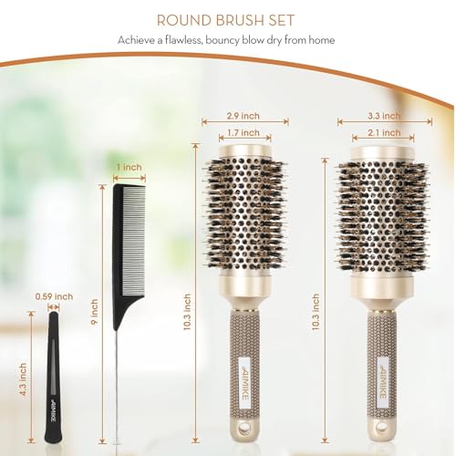 Round Hair Brush Set for Blow Drying and Styling - Boar Bristle & Ceramic Coated