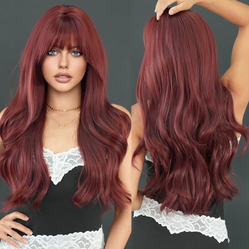 TRUMOST Wine Red Wavy Wig 28 Inch Burgundy Synthetic Heat-Resistant Hair for Women
