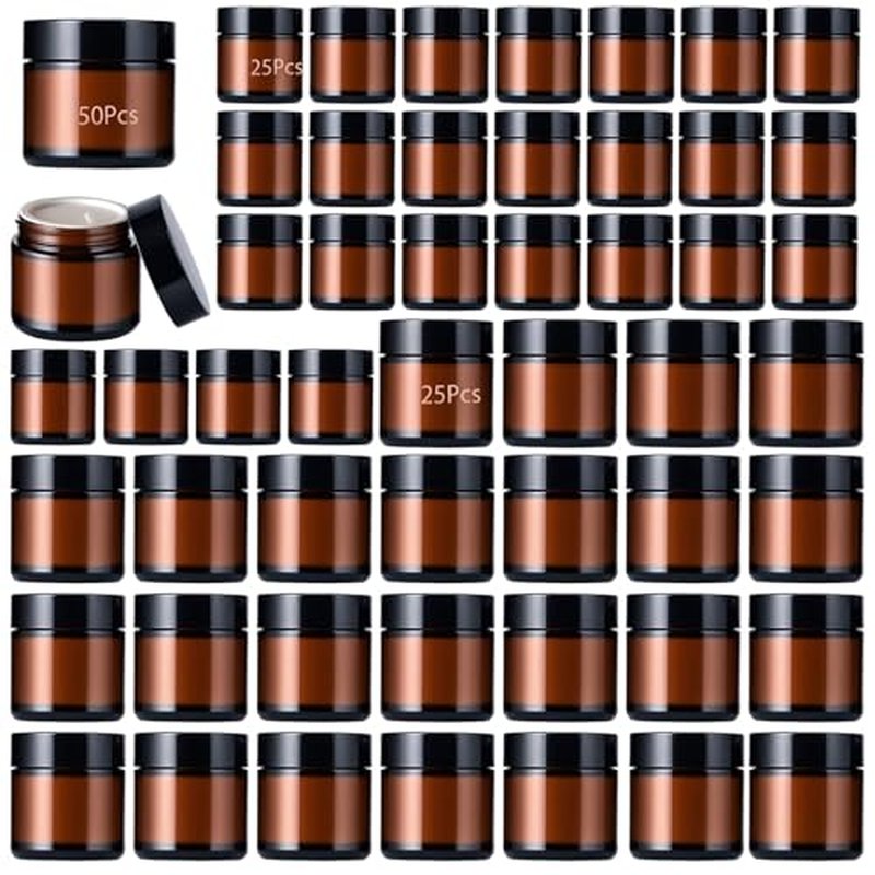 50Pcs(25¡¿4oz + 25¡¿2oz)Amber Glass Jars with Glossy Black & White Inner Lid Liners Airtight Small Glass Containers for Spices Candles Ointments DIY Crafts Travel Toiletries (4oz & 2oz Bundle)