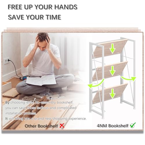 Foldable Bookshelf Storage Rack - 3 Tiers, No Assembly, Vintage Design, 23.6in Wide - Natural White