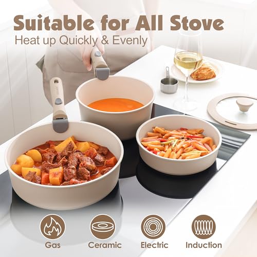 SENSARTE 17-Piece Ceramic Non-Stick Cookware Set Almond Beige with Removable Handles