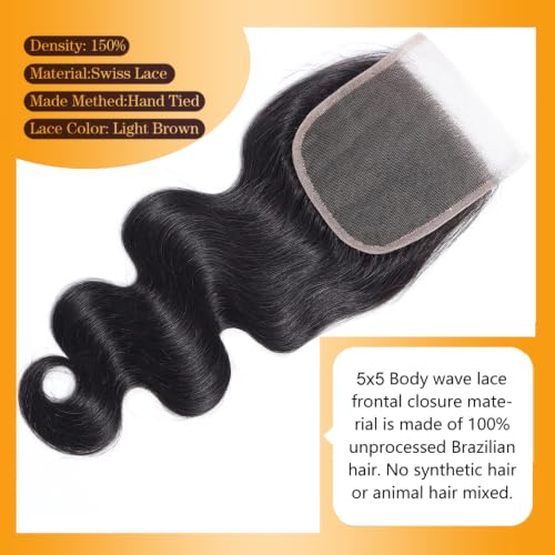16 Inch Body Wave Lace Closure with Transparent 5x5 HD Lace Pre Plucked Baby Hair for Black Women - Natural Black Variation of THIS listing
