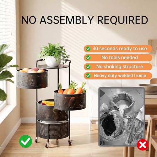 4-Tier Rotating Kitchen Storage Rack - No Assembly Metal Basket Organizer, Black