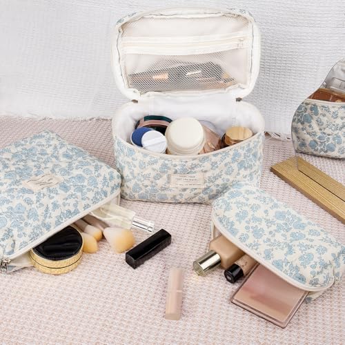 Gosect Bee Floral Quilted Makeup Bag Set, Large Travel Cosmetic Organizer