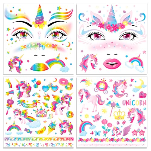 HOWAF 4 PCS Halloween Face Tattoos, Unicorn Face Sticker Temporary Tattoos Stickers for Unicorn Costume Carnival Halloween Costume Women Men