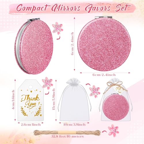 Chunful 30 Sets Compact Magnifying Mirrors Gifts with Thank You Card and Rope Quinceanera Party Favors for Guests Bridal Shower Wedding Souvenir Bridesmaids Mother's Day(Pink)