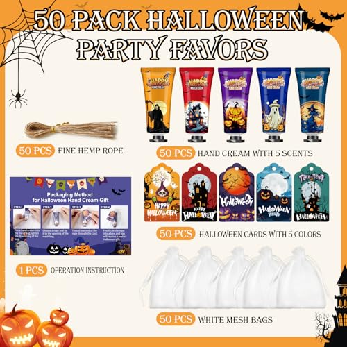 VESPRO 50 Sets Halloween Hand Cream Gift for Women, Hand Lotion for Halloween Party Favors with Halloween Cards and Organza Bags, Halloween Decorations and Bulk Halloween Gifts for Women
