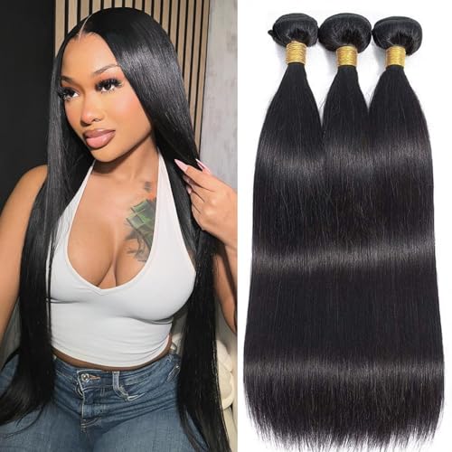 Feibin 20 Inch Straight Virgin Human Hair Bundles - 3 Pack, Natural Black