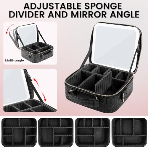 DESCHEN Travel Makeup Bag with Led Mirror, Makeup Organizer Cosmetic Train Case, PU Leather Makeup Case with 3 Light Modes & Dimmable Touch Control, Portable Make Up Box Water-Resistant (Black)