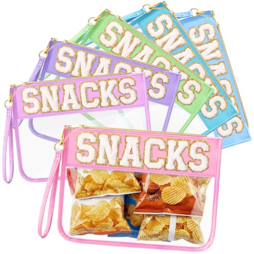 Kacctyen 6 Pcs Clear Makeup & Snack Bags with Chenille Letter Design, Waterproof Cosmetic Toiletry Organizer for Travel & Gym, Macarons & Snacks Variation