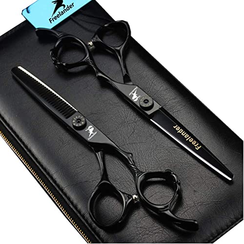 Black 6-Inch Hand Sharpened Hair Cutting Shears Set with Case - Professional Barber Tool - C-Black