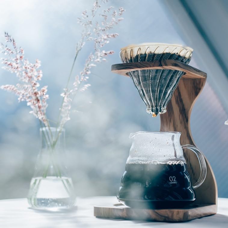 Hario V60 Olive Wood Pour Over Stand Set - 5 Component Coffee Brewer Kit with Filters