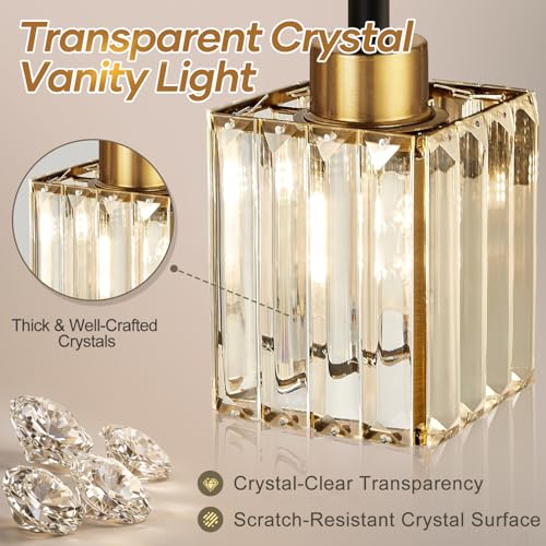 Black Gold Square Shade Crystal Vanity Lights - 3-Light Bathroom Wall Fixture