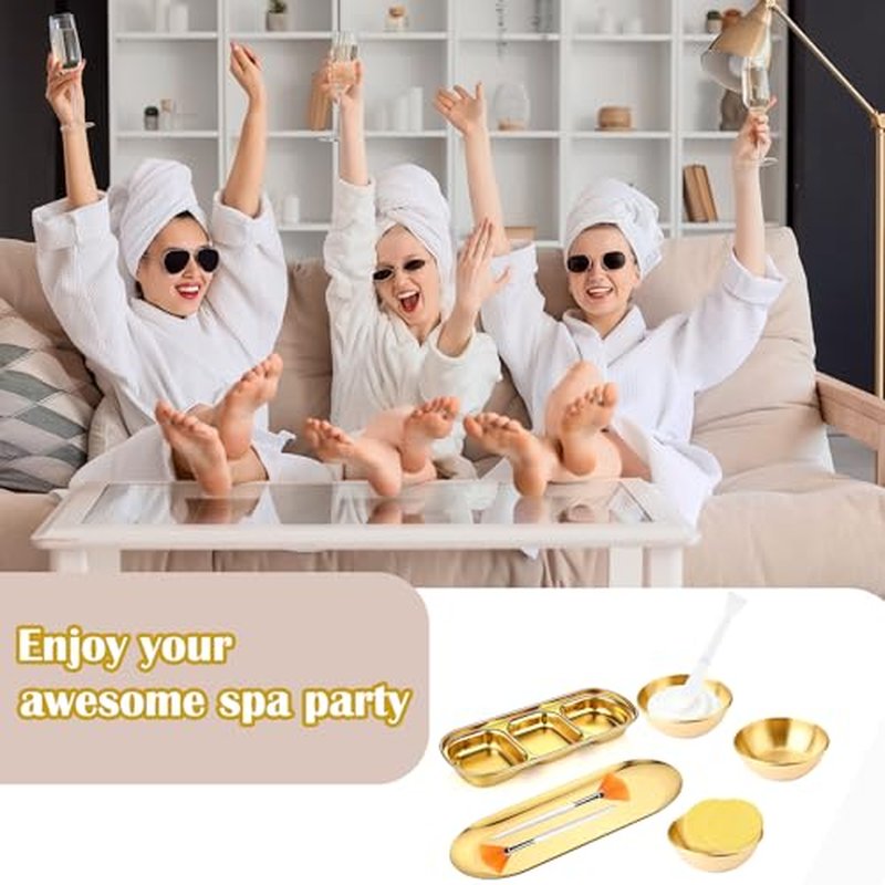 23Pcs Esthetician Supplies kit - Fan Esthetician Brushes, Gold Mask Mixing Bowls, Serving Trays, Compressed Sponges & Face Mask Brushes forSleepover & Spa Night Celebrations (Gold)